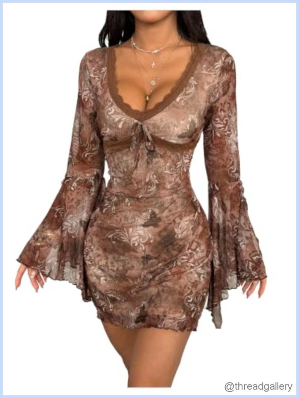 Western Boho Bell Sleeve Mini Dress V-Neck Tie Front Floral Print